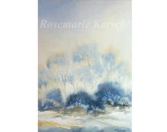 Aquarellbild *Wald* 40 x 30 cm Hochformat in zarten ocker braun und Blautönen handgemalt kein Druck