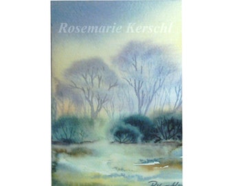 Aquarellbild *Morgentau* 15 x 10,5  cm Hochformat in ocker braun grün petrol violett und Lilatönen handgemalt kein Druck