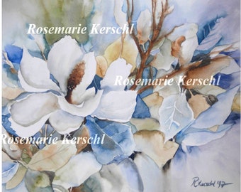 Aquarellbild *Weiße Magnolie* handgemalt in weiß ocker braun Blau- und Grüntönen 36 x 47 cm in Querformat kein Druck