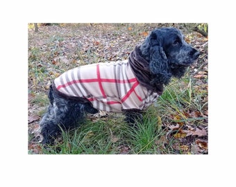 Tartan fleece dog sweater with sleeves and  warm  high neck, winter coat for dog, warm dog pullover, custom made dog coat