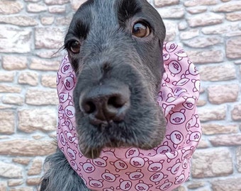 Pink waterproof snood for dogs with  piggies, dog headband protecting from rain, dog ears cover