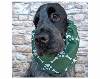 Paws and bones on green waterproof snood for dogs, dog headband to protect from rain