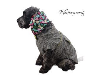 Tartan cocker spaniel  raincoat covering chest fringes, waterproof dog coat lined inside, outdoor dog clothes, dog rainproof jacket