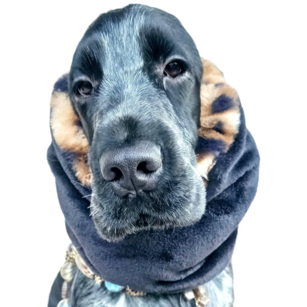 Luxury snood for dog with Leo faux fur and warm black fleece, Winter dog snood, stylish dog neckwarmer,dog scarf,Winter dog snood