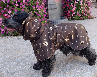 Coffe and gold dog raincoat with hood, waterproof dog coat lined inside, outdoor dog clothes, dog rainproof jacket, rainproof dog jacket