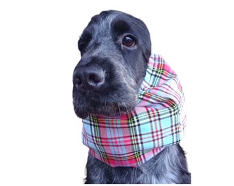 Snood d'hiver en flanelle pour chien rouge et turquoise, snood chaud à carreaux pour chien, couvre-oreilles de chien doux tartan