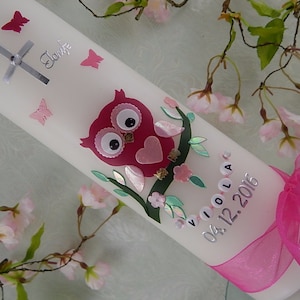Taufkerze Eule pink Taufkerzen für Mädchen Taufkerze modern Taufkerze mit Name und Datum Taufkerze Tiere Taufkerzen personalisiert Bild 1