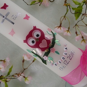 Taufkerze Eule pink - Taufkerzen für Mädchen - Taufkerze modern - Taufkerze mit Name und Datum - Taufkerze Tiere - Taufkerzen personalisiert