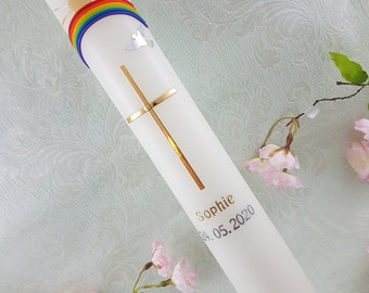 Kommunionkerze Taufkerze lang Regenbogen Kreuz Taube rosa gold 400/40 mm Original Design KKR5508