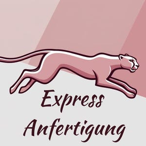 Puede incluir: Una ilustración de un guepardo rosa corriendo, con el texto "Express Anfertigung" debajo. El guepardo tiene una expresión feroz.