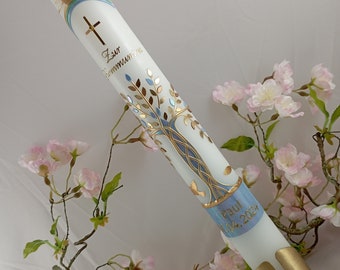 Bougie de communion bougie de baptême longue arbre de vie arbre de vie bleu clair or garçons filles 400/40 mm