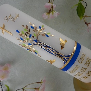 Taufkerze Lebensbaum Junge blau grün gold Kreuz Taube Wachsverziert 25x7 cm  Original Design TKR491