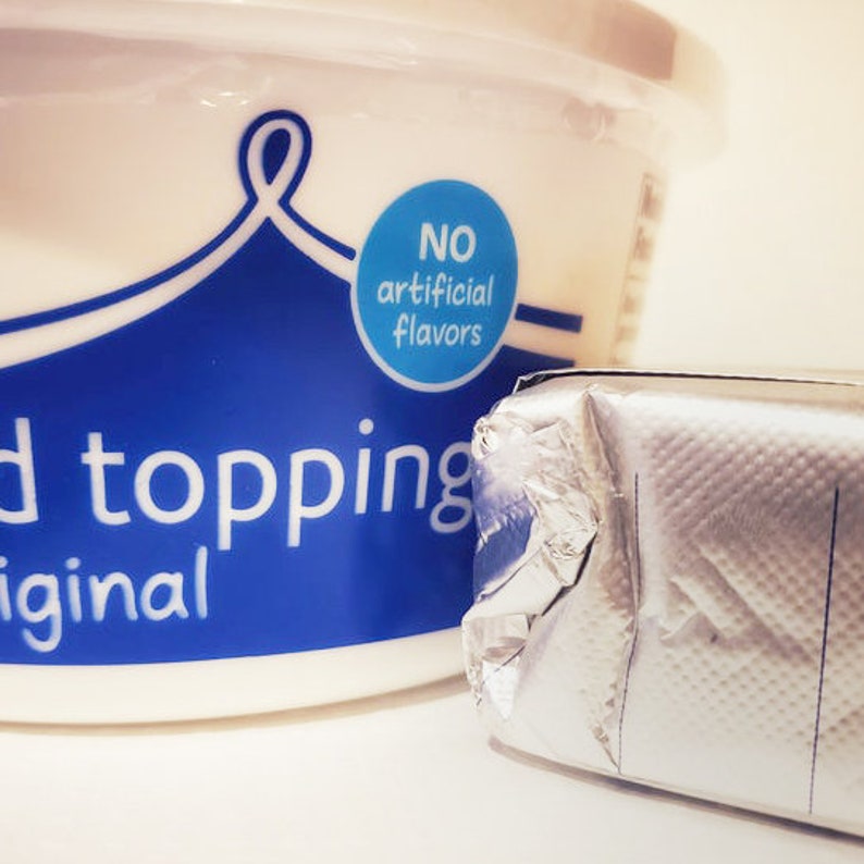 Mix just 2 ingredients with our dessert dip mix, 1 tub of cool whip and 1 softened block of cream cheese.