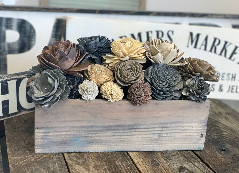 Sola Wood Flower Centerpiece In Wood Box Farmhouse Table Centerpiece Flower Arrangement Farmhouse Table Rustic Centerpiece