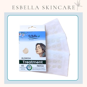 May include: A package of Es Bella skincare blemish treatment patches. The box is white and blue with the brand name and a drawing of a woman's face. The box contains 48 hydrocolloid patches that absorb pimple gunk in 6-8 hours.