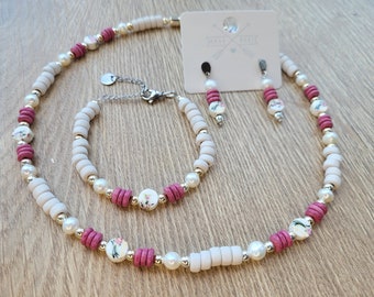 Dirndlkette rosa mit Perle Armband  Ohrringe  Trachtenset rosa