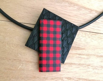 Buffalo plaid necklace Red and black geometric necklace  Modern winter jewelry Red check necklace for women Holiday jewelry Christmas gift