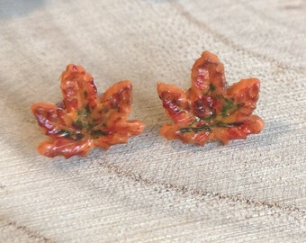 Mini autumn leaf earrings Hand painted fall maple leaf stud earrings Autumn jewelry gift idea Handmade fall earrings polymer clay