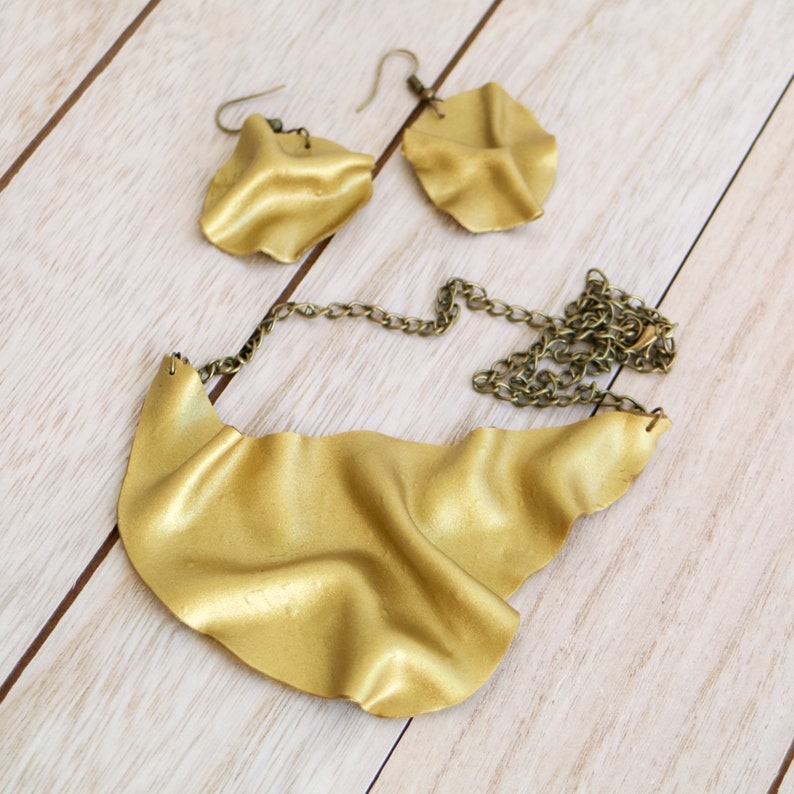Unique gold jewelry Polymer clay bib necklace and circle earrings Ceramic jewelry Artistic Statement necklace and earrings Gift for women