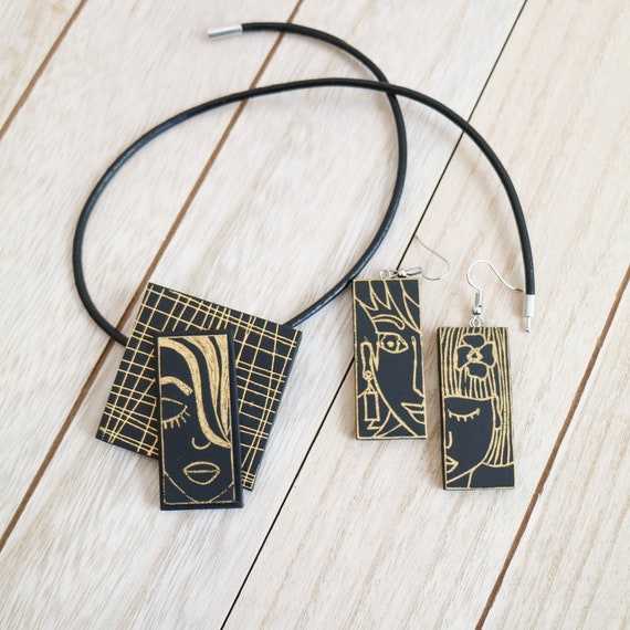 Black and gold jewelry Abstract pendant necklace Big dangle earrings Modern Contemporary jewelry Statement necklace Tribal earrings for her