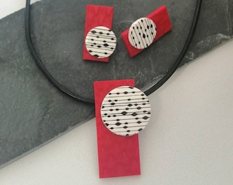 Contemporary geometric red polymer clay jewelry set / Bold Statement necklace and rectangle earrings