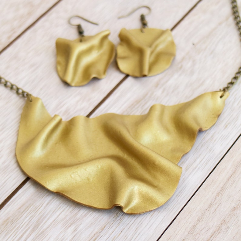 Unique gold jewelry Polymer clay bib necklace and circle earrings Ceramic jewelry Artistic Statement necklace and earrings Gift for women