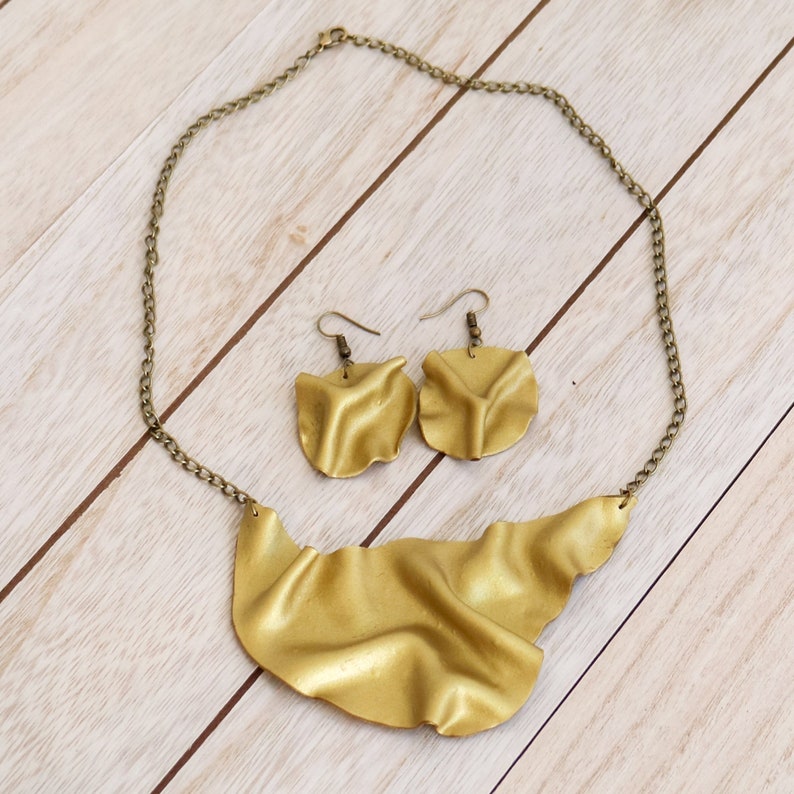 Unique gold jewelry Polymer clay bib necklace and circle earrings Ceramic jewelry Artistic Statement necklace and earrings Gift for women