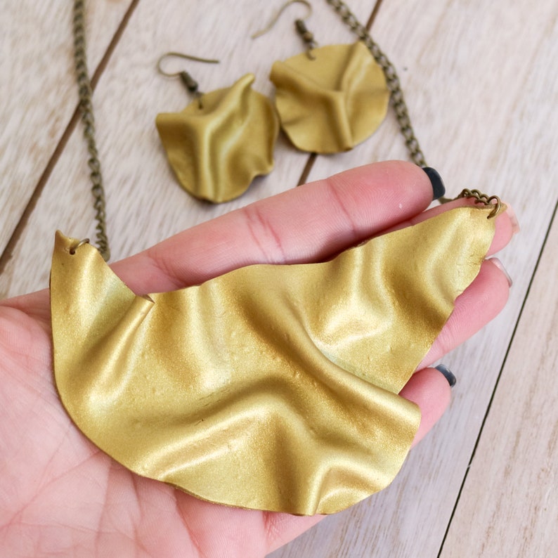 Unique gold jewelry Polymer clay bib necklace and circle earrings Ceramic jewelry Artistic Statement necklace and earrings Gift for women