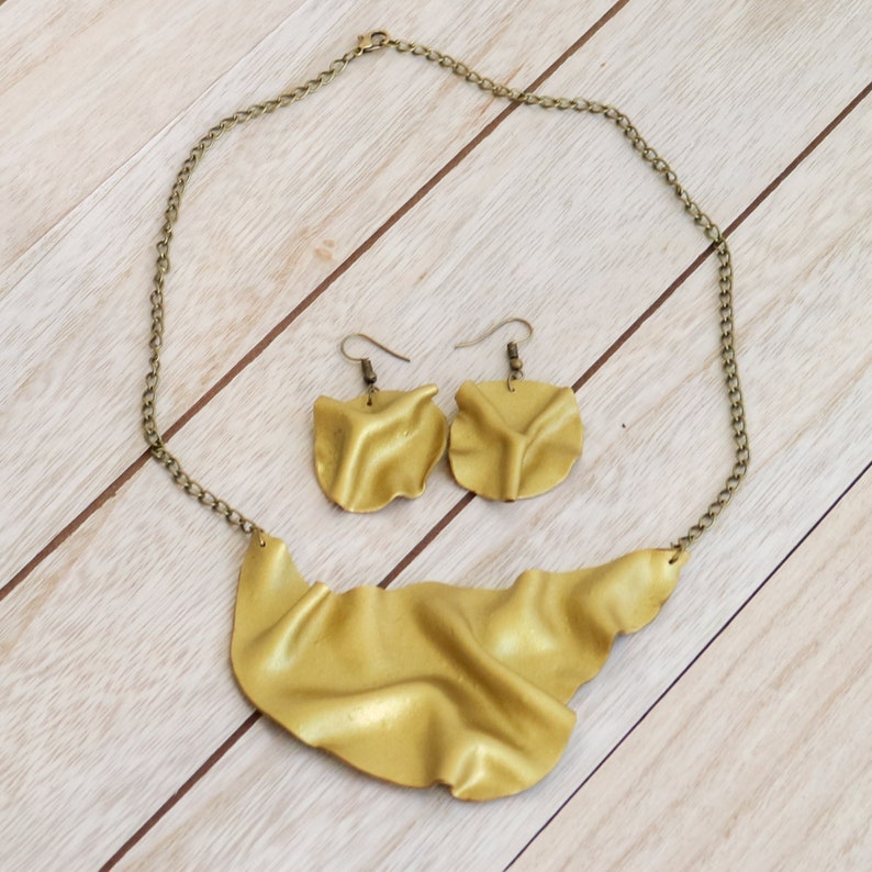 Unique gold jewelry Polymer clay bib necklace and circle earrings Ceramic jewelry Artistic Statement necklace and earrings Gift for women