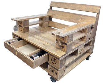 Pallet furniture Lounge chair "EL TRONO" with a drawer made of new wood in the typical pallet design