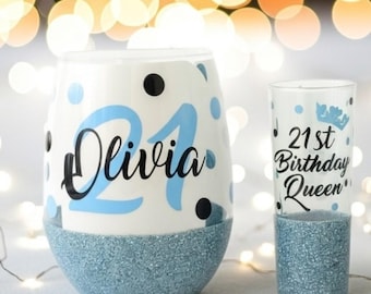 Personalized 21st Birthday Glitter Wine Glass, Milestone Gift