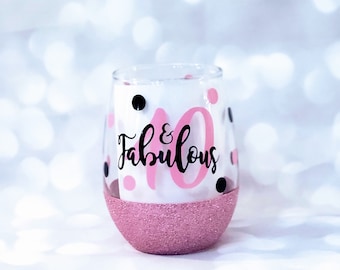 Birthday Wine Glass, Glitter Wine Glass, Fabulous 21, Gifts for her,