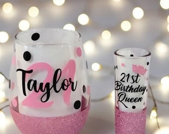 Personalized Birthday Wine or Shot Glass,  Name & Age, 21st Birthday Gift