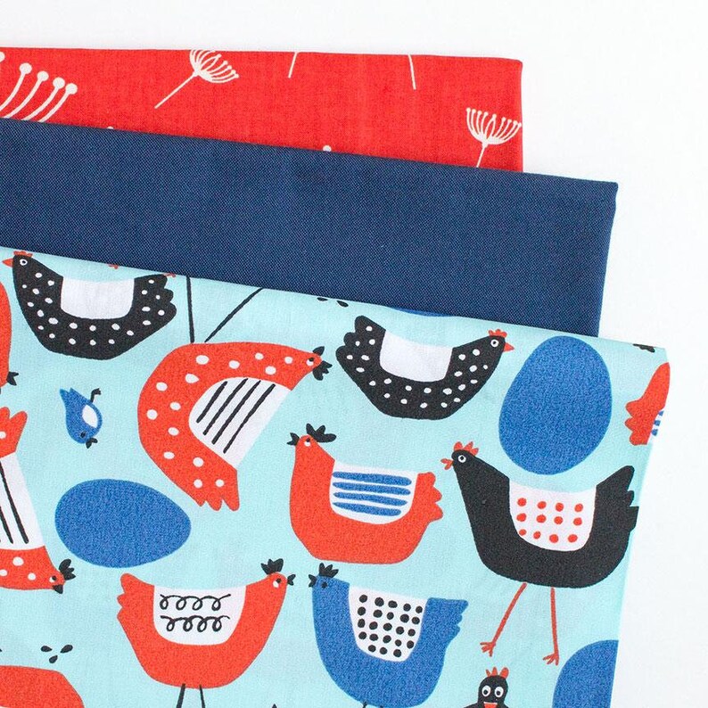 Organic cotton fabric Wild Farm Chickens on Light Blue Meterware / Fat Quarters GOTS organic cotton CLUCK CLUCK by Monaluna image 3