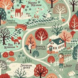 Bio-Baumwollstoff || Tiere und Häuser im Wald im Landkarten-Stil || Meterware / Fat Quarter || GOTS Bio Baumwolle || ACORNTRAIL MAP, Birch