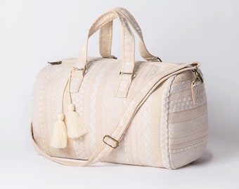 Bestseller - Womens Ivory White Natural Taupe Duffle Weekender Bag travel bag Handmade Boho Bohemian Duffel Bag Gift for friend carry on