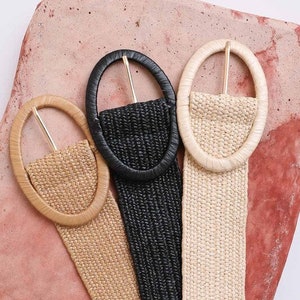 Raffia Oval Buckle Belt Raffia Stretch Belt boho belt natural belt fashion belt womens belt womans belt natural belt black beach belt