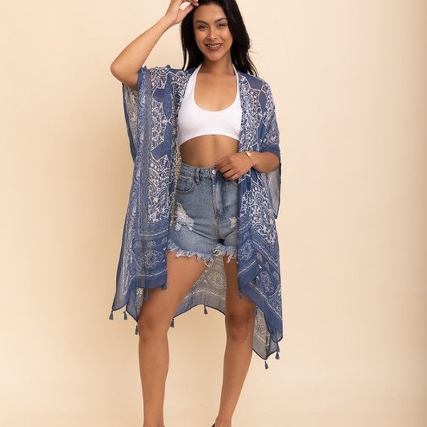 Spring Mandala Tassel Lightweight Kimono - Kimono Open Wrap Coverup Top One Size Women's Spring Summer swim cover up gift for best friend