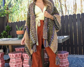 Colorful Crochet Patterned Ruana knit boho poncho
