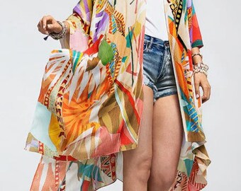 Aerenal Vivid Bright Kimono Swimsuit Coverup Open Front Cardigan Meditation Yoga Duster