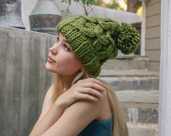 Vegan Oversized Chunky Knit Pom Beanie // Knit Beanie Hat for Women Warm Winter Slouchy Beanie Thick Cable Knit Ski Cap