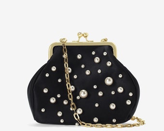 Used - Pretty Faux Pearl Clutch with chain strap versatile crossbody pouch clutch black