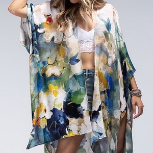 Hana Soft Floral Blue Kimono - Swimsuit Coverup Open Front Cardigan Meditation Yoga Duster