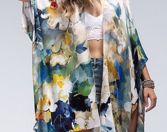 Hana Soft Floral Blue Kimono - Swimsuit Coverup Open Front Cardigan Meditation Yoga Duster