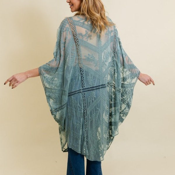 Hand Embroidered Mesh Leaf Lace Kimono -  Kimono Open Front Wrap Coverup Top One Size Women's Spring Summer gift lightweight open front