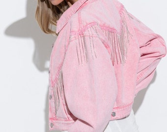 Size Small - Pink Austin Rhinestone Fringe Embellished Denim Jacket // Fringe Jacket Denim Jacket Fringe Rhinestone Jacket Pink Jacket