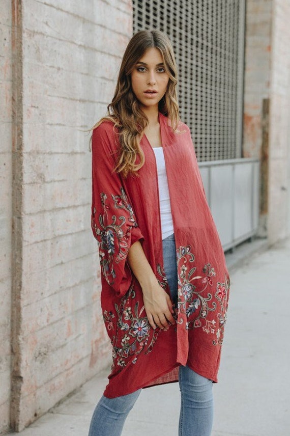 Floral Embroidered Long Kimono Cardigan - Etsy Australia