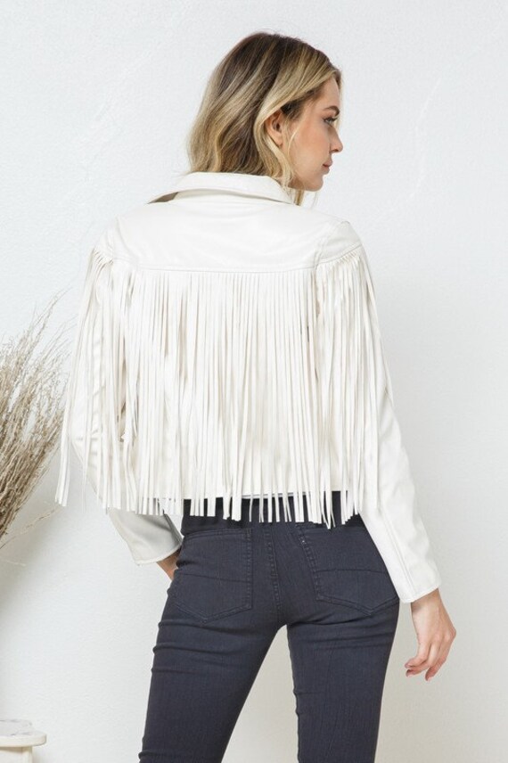 white fringe faux leather jacket