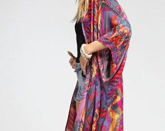 High Vibrations Soft Floral Pink, Orange + Lavender Kimono Swimsuit Coverup Open Front Cardigan Meditation Yoga Duster