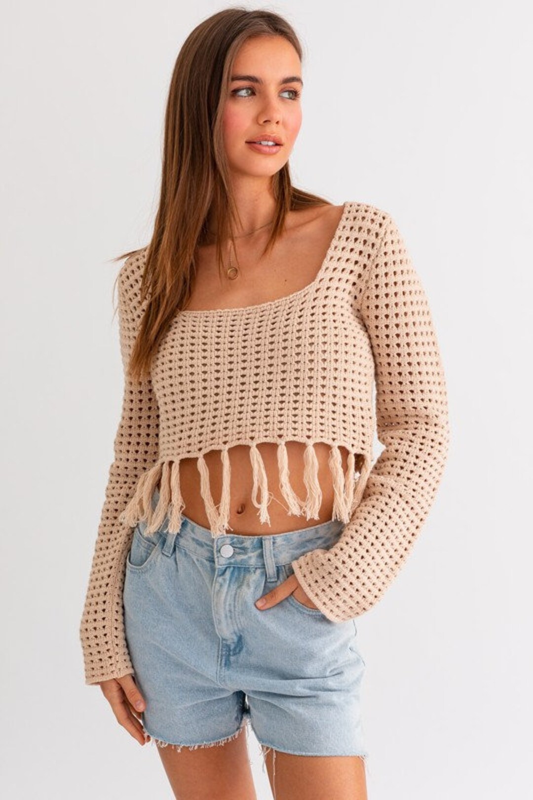 Crochet Knit Crop Top Crochet Square Neck Top Long Sleeve Cover up